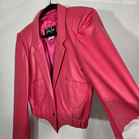 USA Vintage PHILIP NOEL Retro BARBIECORE Bright PINK Leather Crop Jacket Size M. - Picture 6 of 17